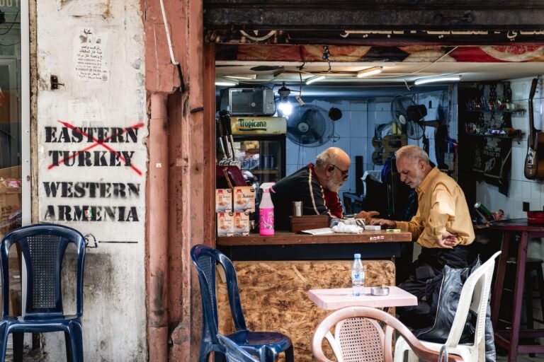 Two men sitting ni a shop in the Armenian neighborhood of Bourj Hammoud in Beirut