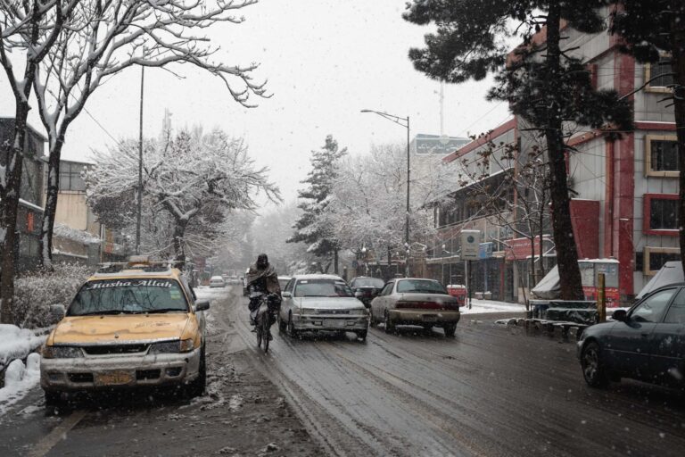 Quiet Kabul street blanketed in snow, with bare trees and small shops in the background.