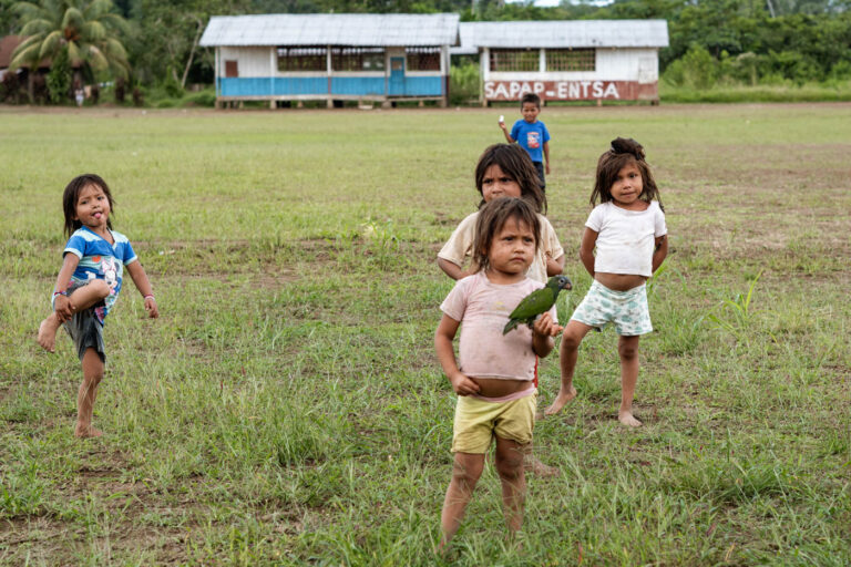 Group of Achuar children playing barefoot in grassy village field, Amazon.