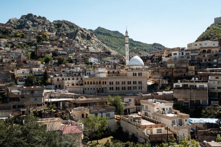 village of Lalish, in Kurdistan, with old mosque in the middle of the houses