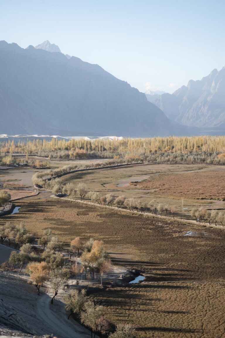 Scenic shot of the cold desert landscape of Katpana, with rugged mountains in the Katpana desert , Pakistan.