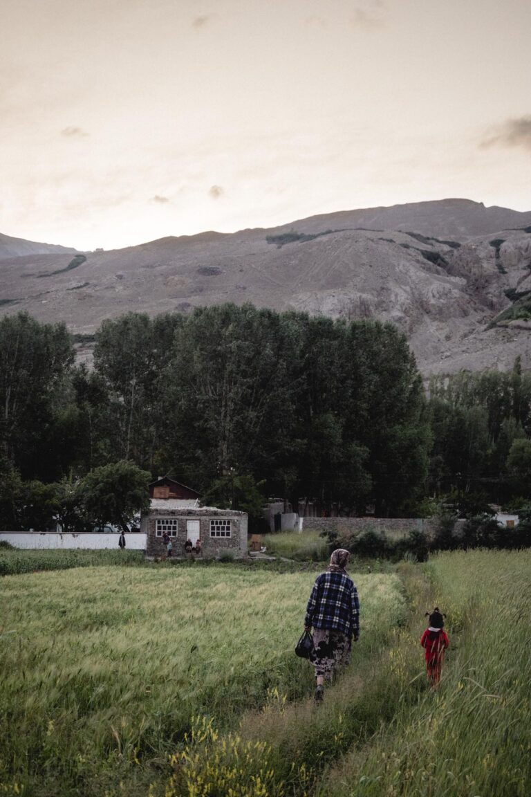 Elderly Tajik woman wearing a traditional headscarf and her daughter, coming back home, in a serene grassy landscape in Wakhan.