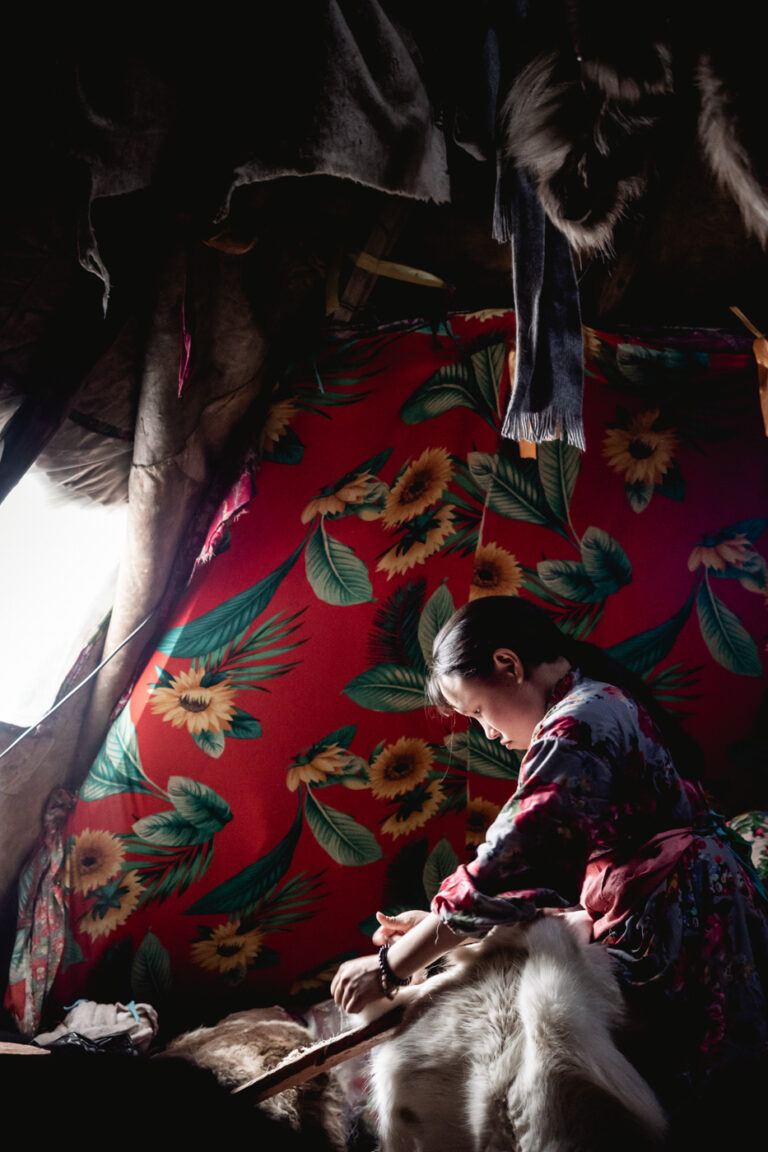 Close-up of bright Nenets textiles, intricate patterns and fur details.
