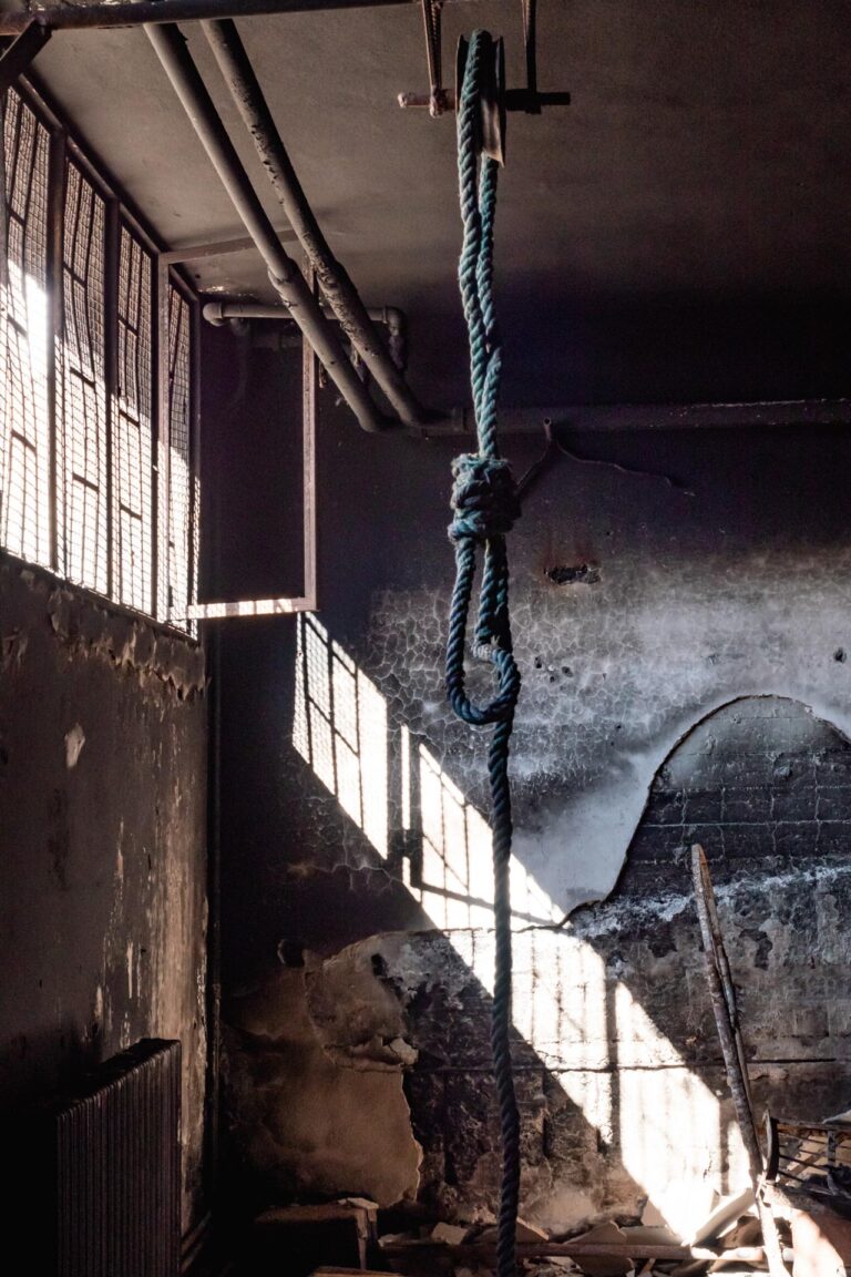 A haunting image of a noose inside a dark room, representing Sednaya prison.