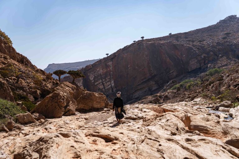 A person walking through a rocky, mountainous canyon in the Homhil region.
